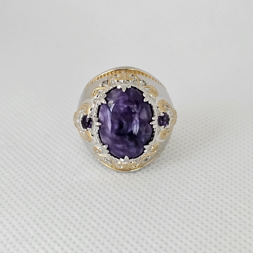 Genuine Charoite & Amethyst Ring Palladium Sterling Silver 18k YG Size 6.5! - Picture 6 of 9